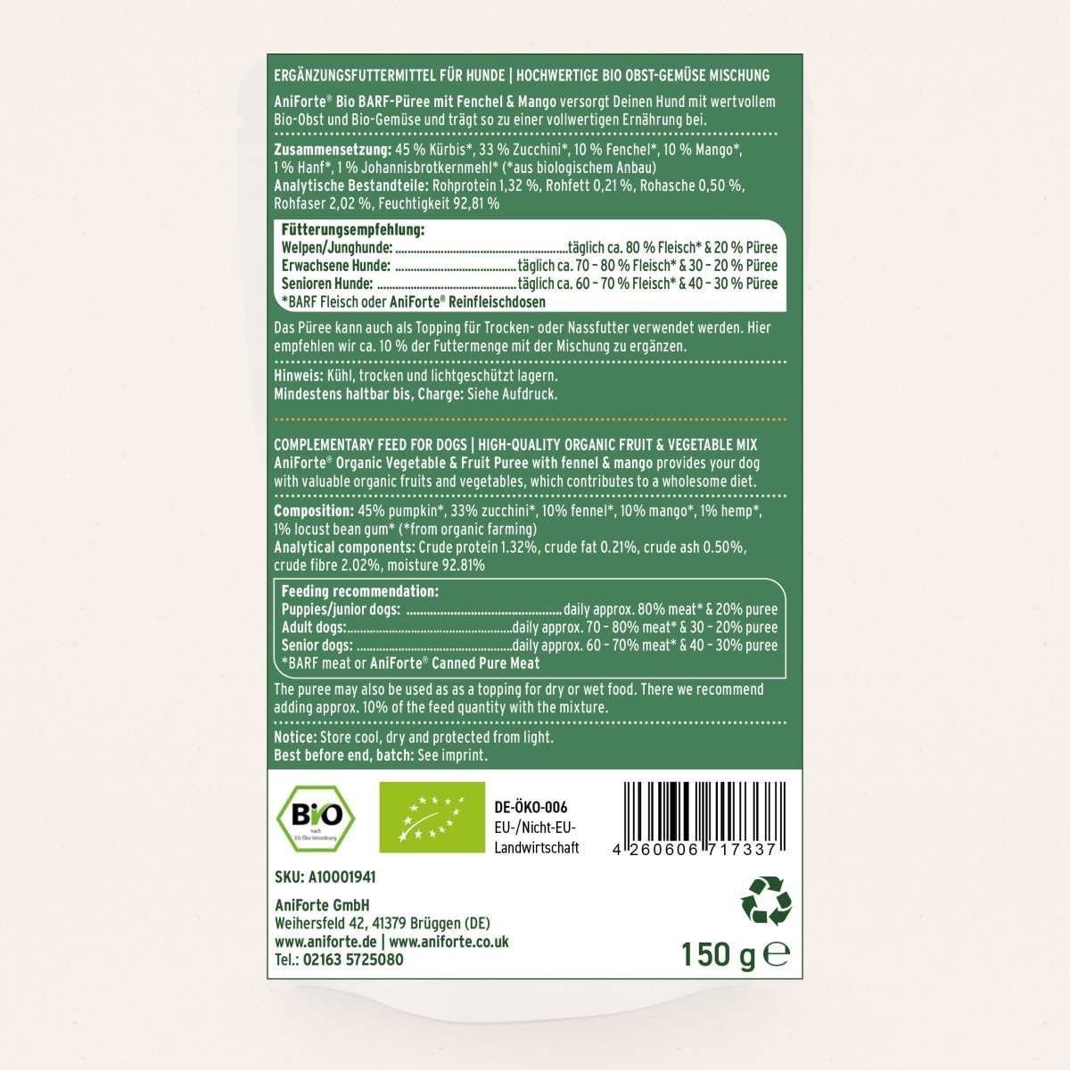 AniForte® Organic Puree Pumpkin, Fennel & Mango 150g - AniForte UK