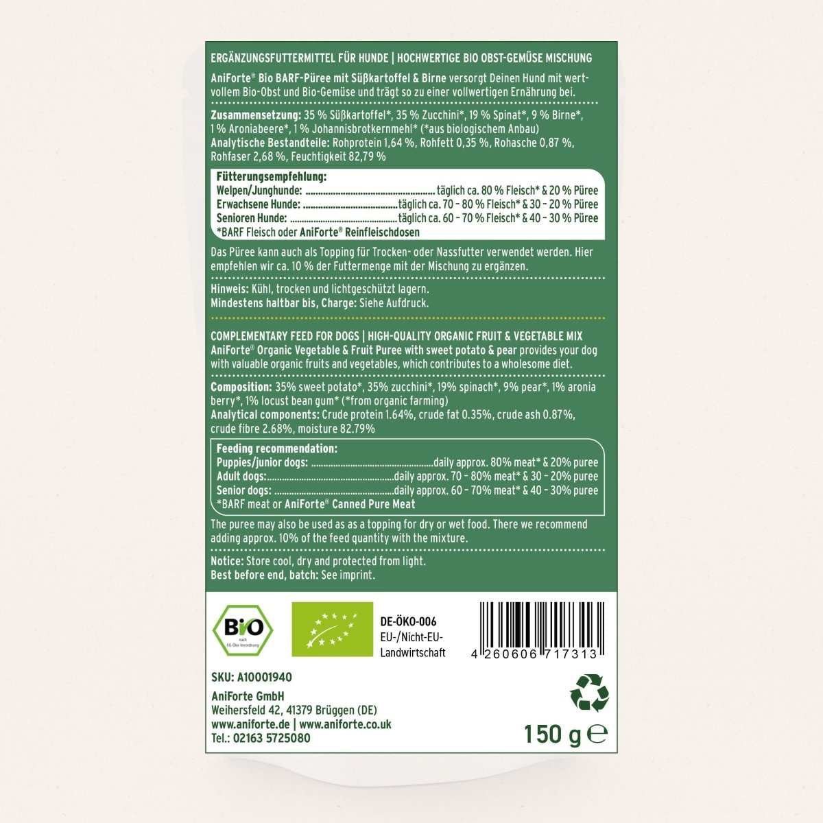AniForte® Organic Puree Sweet Potato & Pear 150g - AniForte UK