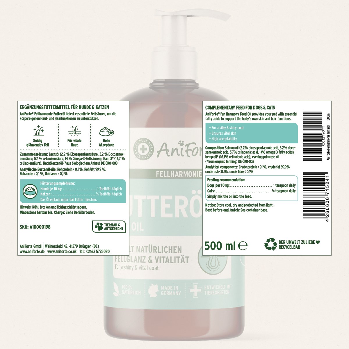 Fur Harmony Feed Oil 500ml - Supports Skin & Coat - AniForte UK