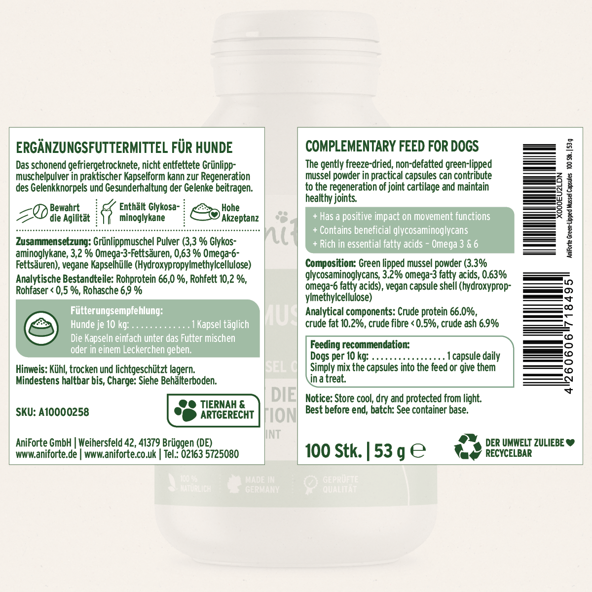 Green Lipped Mussel Capsules for Dogs - Joint Support Supplement - AniForte UK