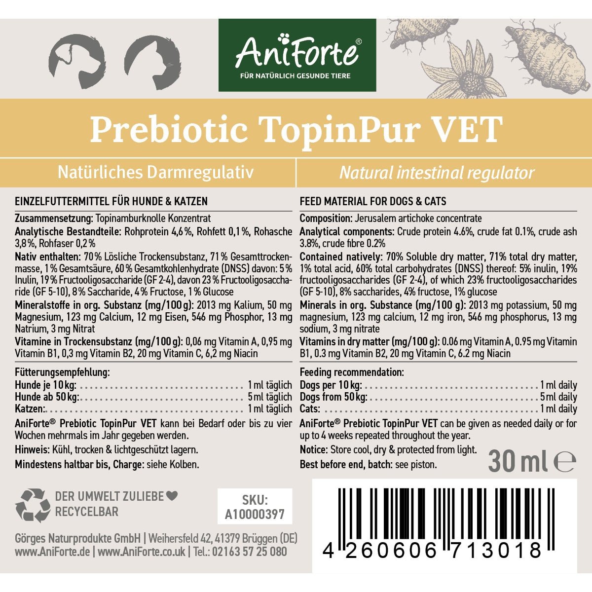 Prebiotic Jerusalem Artichoke Concentrate for Cats and Dogs - 30 ml - Natural intestinal regulator - AniForte UK