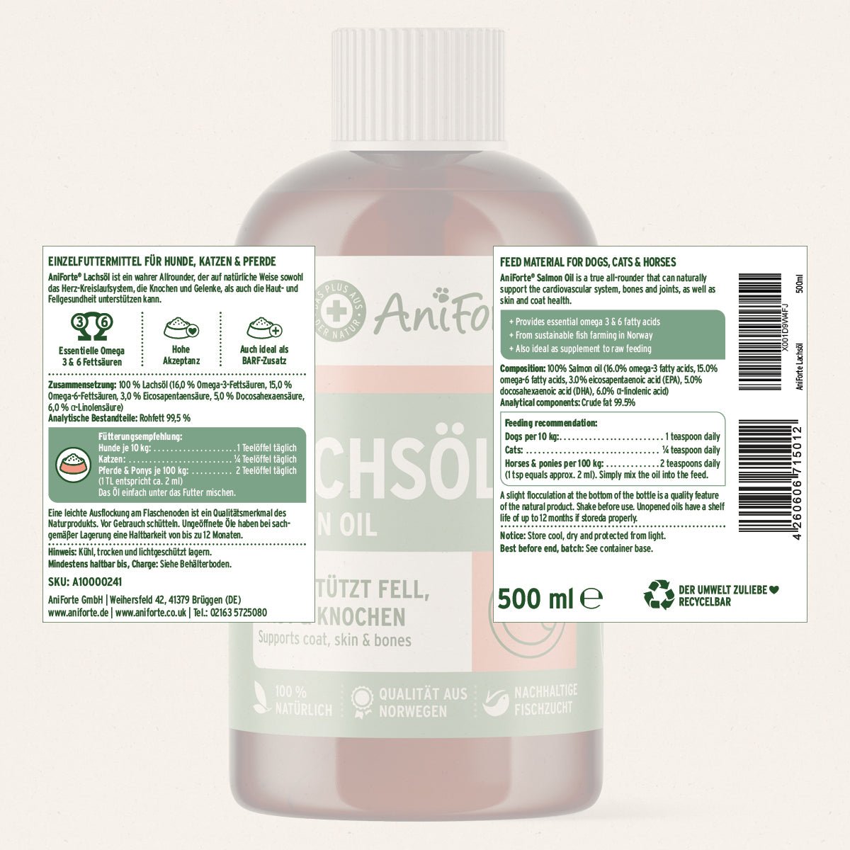 Salmon Oil for Dog, Cat & Horse - Natural Omega - 3 EPA - AniForte UK