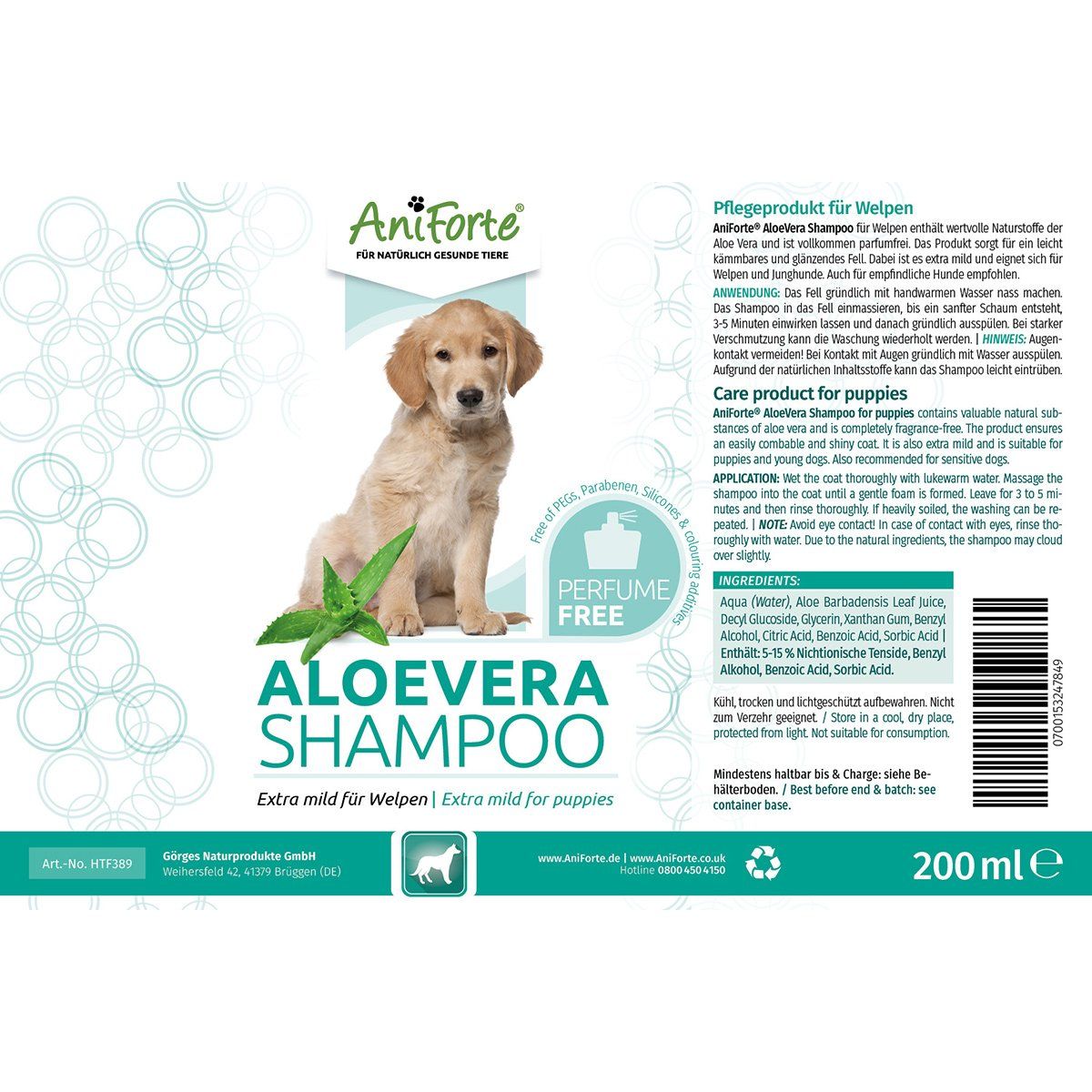 Aloe Vera Mild Shampoo for Puppies - 200ml - AniForte UK