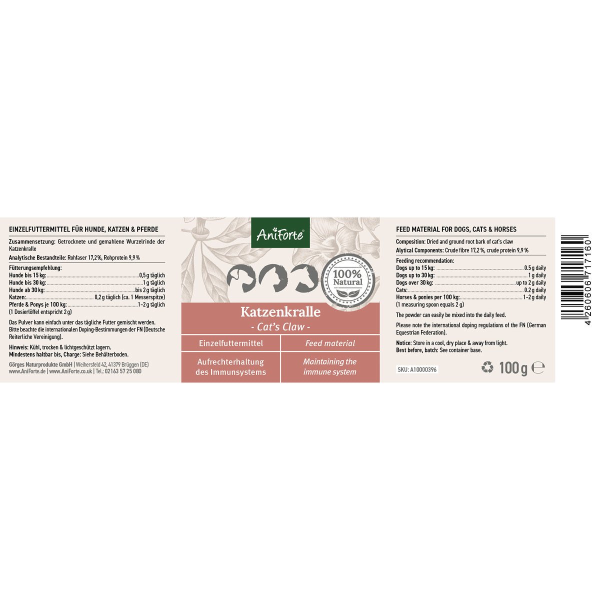 Cat's Claw Powder 100g - Herbal Antioxidant & Immune System Support - AniForte UK