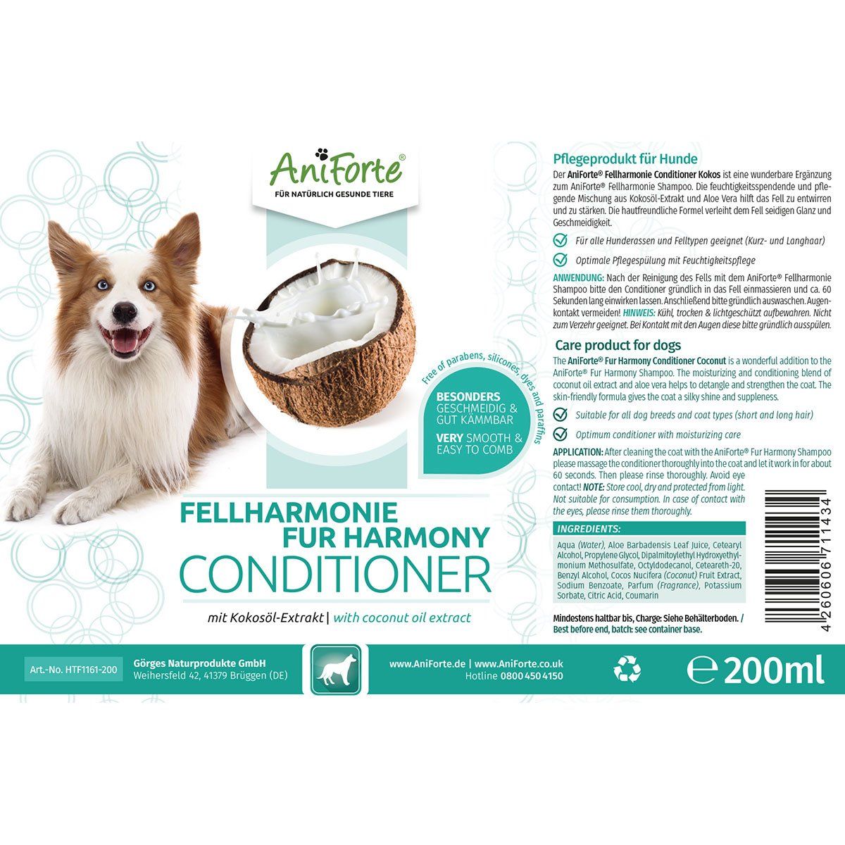 Fur Harmony Coconut Conditioner for Dogs - 200ml - AniForte UK
