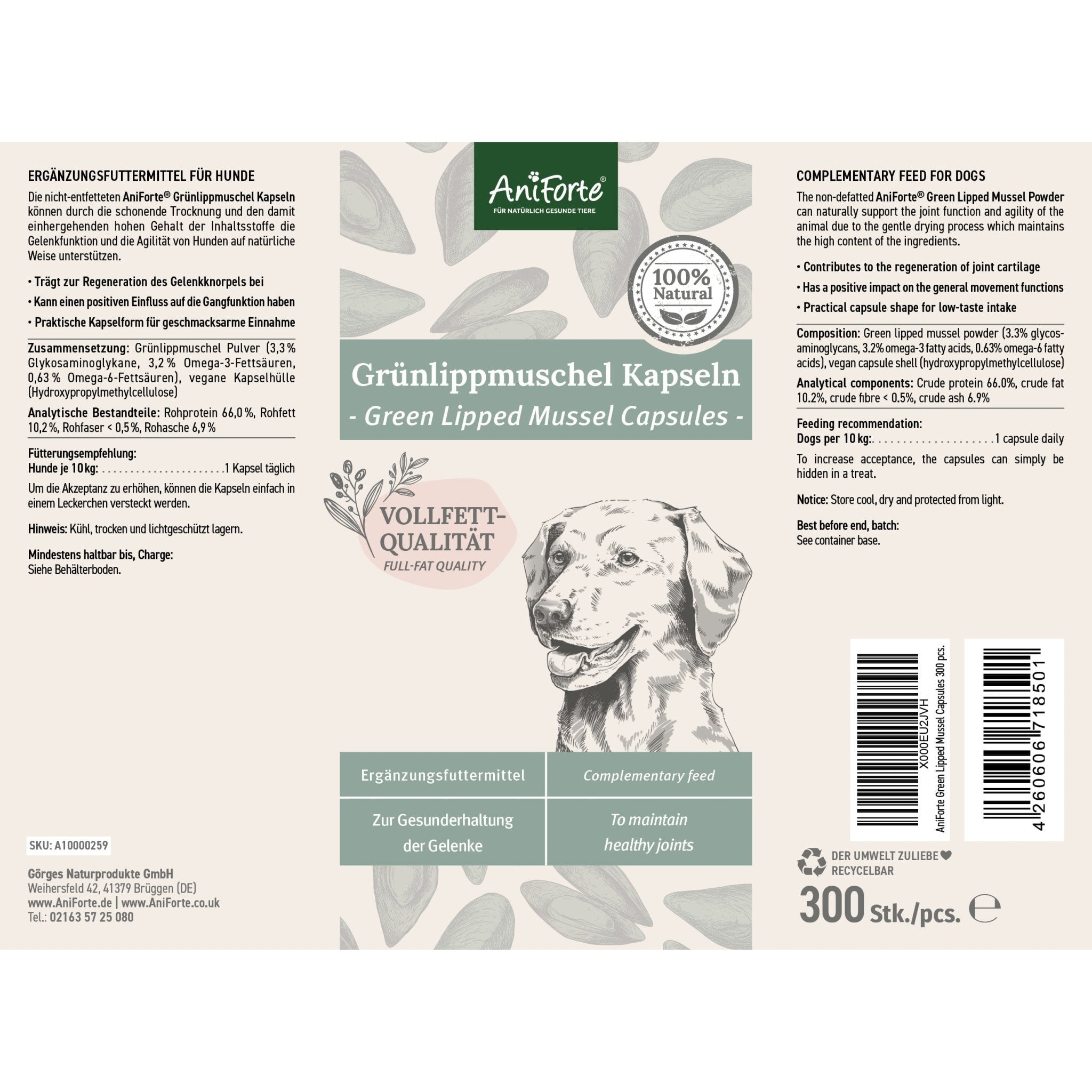 Green Lipped Mussel Capsules for Dogs - Joint Support Supplement - AniForte UK