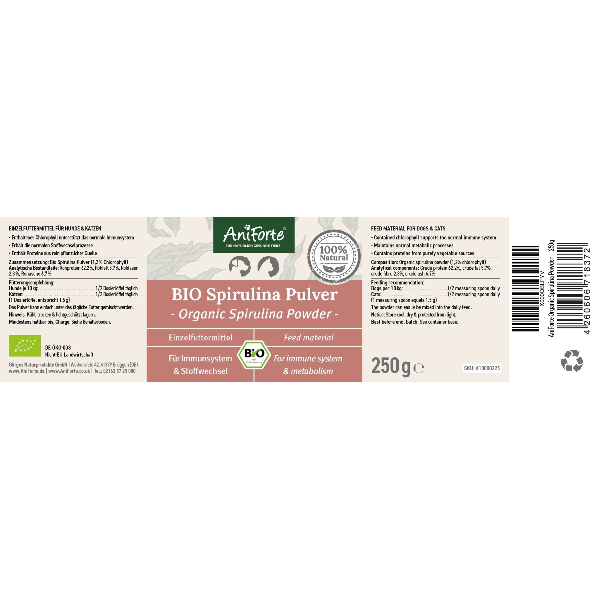 Organic Spirulina Platensis Algae Powder - 250g - AniForte UK