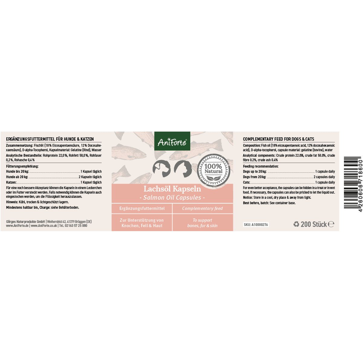 Salmon Oil 200 Capsules for Dogs & Cats - Natural Omega-3 EPA - AniForte UK